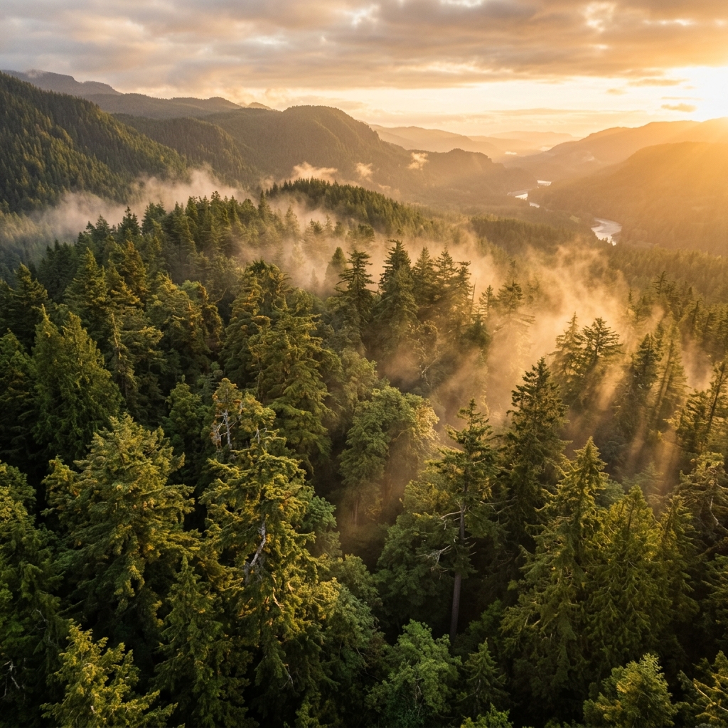 A breathtaking aerial view of a dense ancient forest canopy at golden hour, sunlight streaming through towering old-growth trees, mist rising between the branches, rich green foliage with dappled golden light, cinematic landscape photography style, no people, ultra detailed nature scene