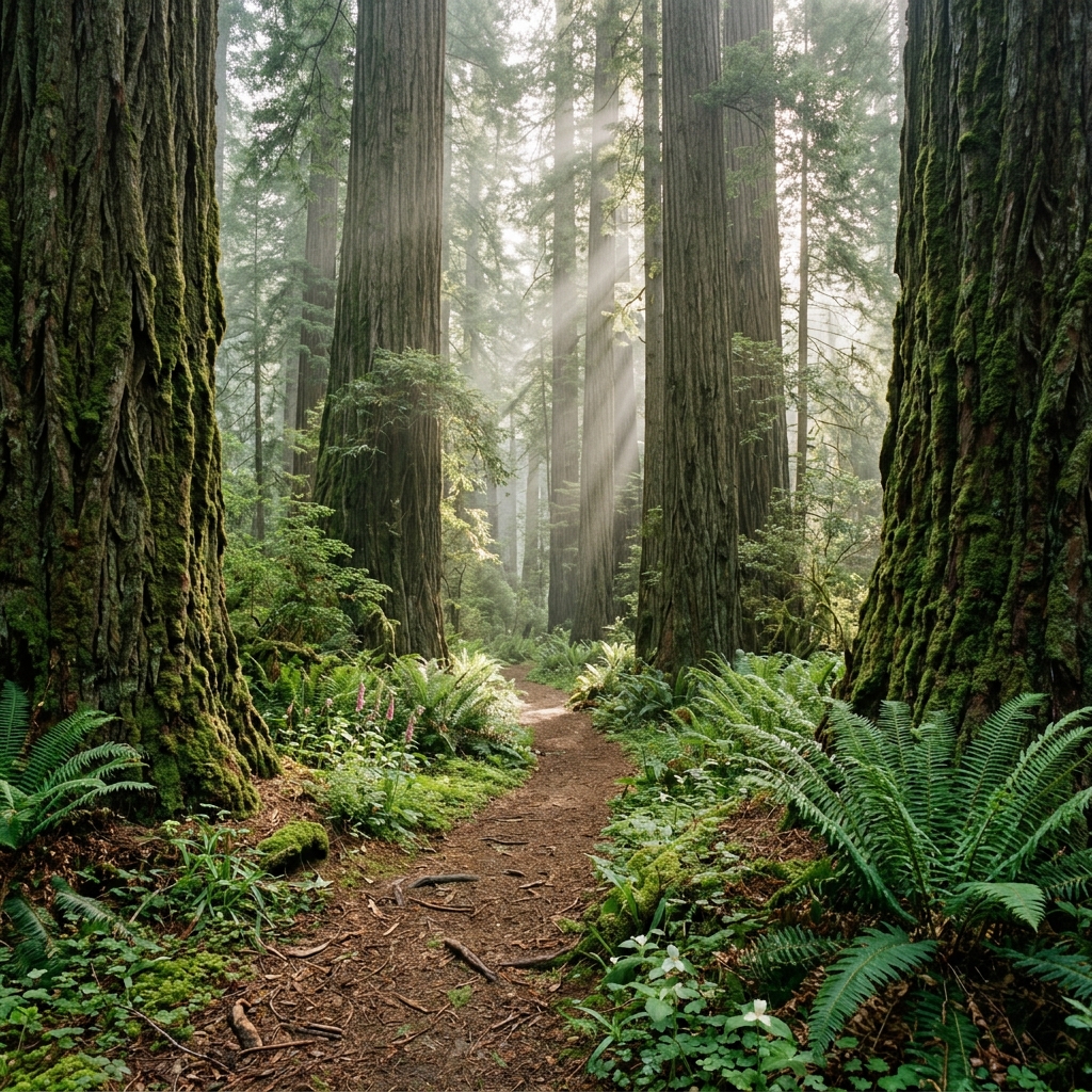 A serene forest trail winding through towering redwood trees with moss-covered trunks, soft morning light filtering through the canopy creating rays of light, ferns and wildflowers along the path, peaceful woodland atmosphere, no people, professional nature photography style